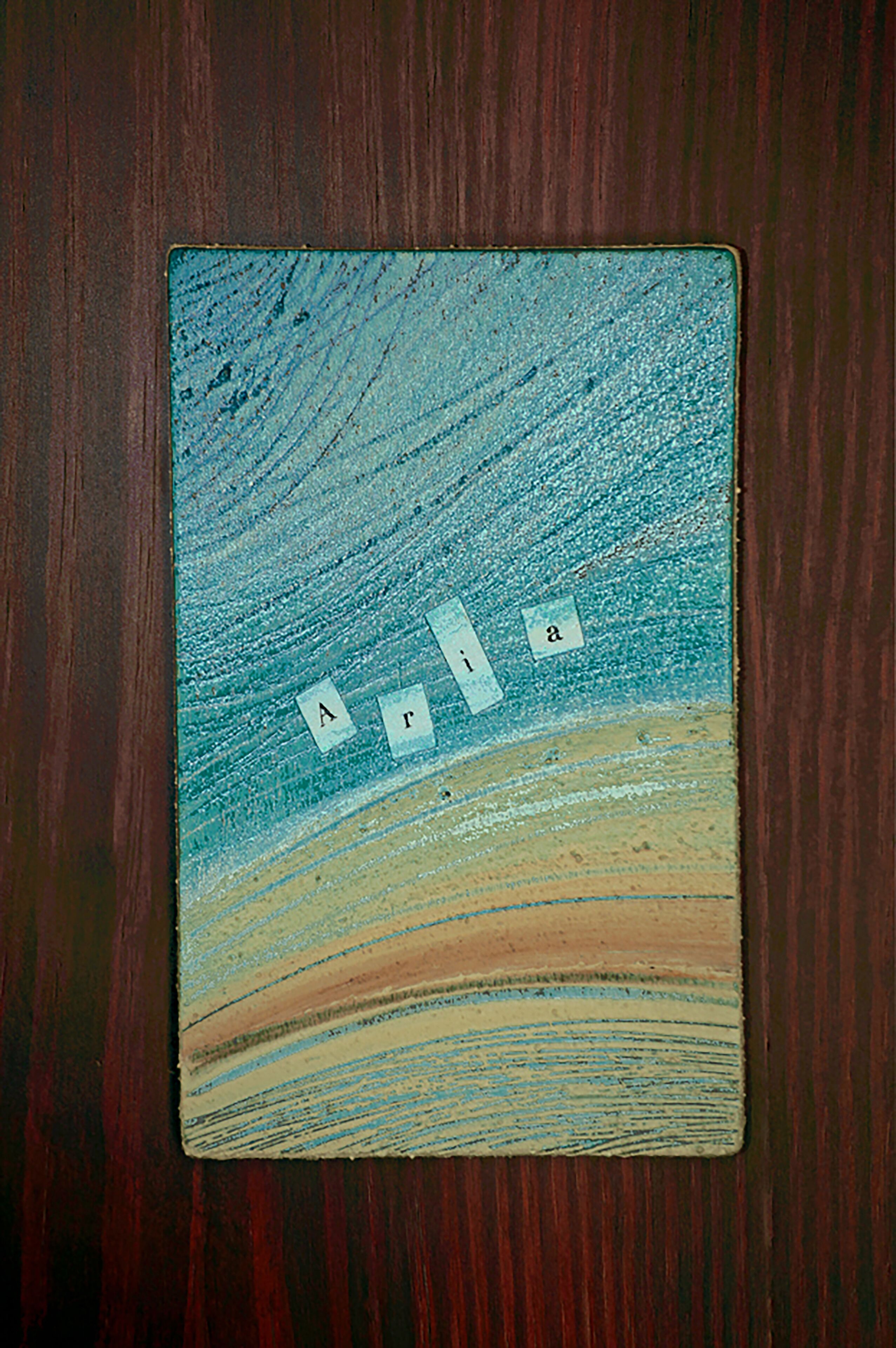 Una obra de arte texturizada con las letras “A”, “R”, “I”, “L”, “A” dispuestas sobre una superficie de madera.