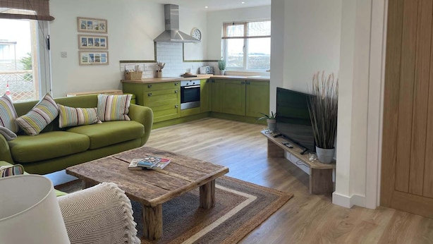 Un salon moderne avec un canapé vert, une table basse et un téléviseur posé sur un meuble. On aperçoit également la cuisine, avec ses armoires vertes et une fenêtre.