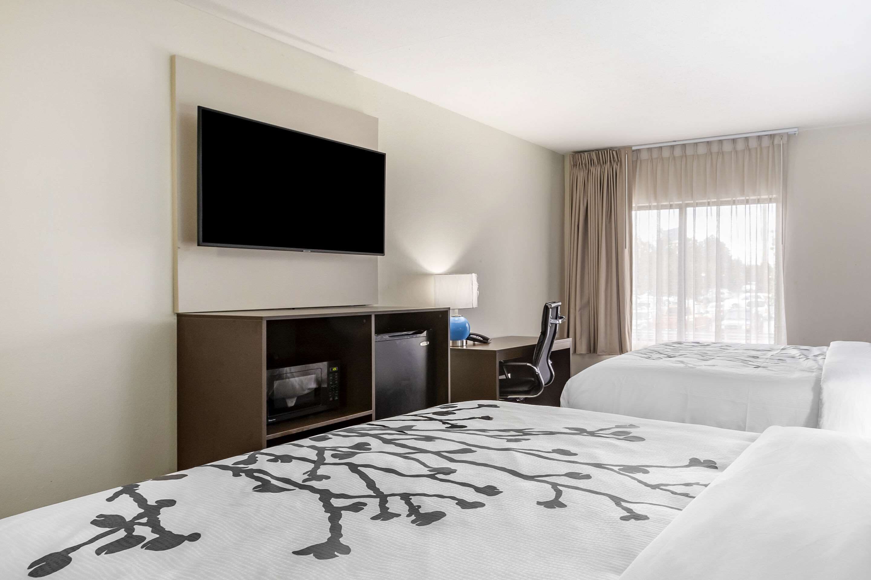 Habitación de hotel con dos camas, televisión, escritorio con lámpara y ventana con cortinas.