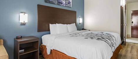 A hotel room with a large bed, a nightstand, a wall-mounted light, and a door.