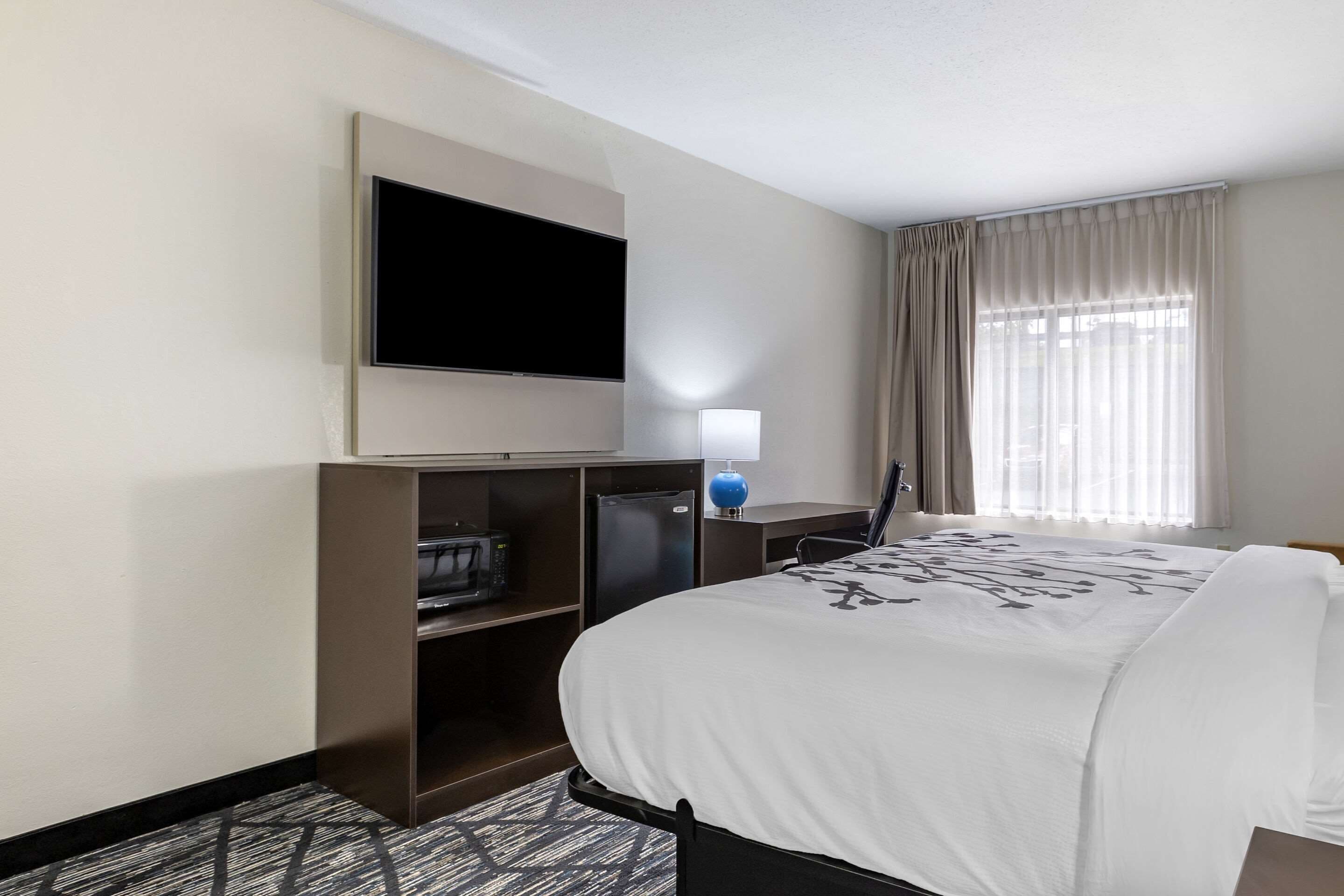 Une chambre d’hôtel comprenant un lit, un téléviseur à écran plat fixé au mur, un bureau avec une lampe, un réfrigérateur et une fenêtre avec des rideaux.