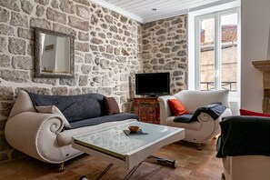 TV, fireplace - La Gleyzette - Charmante maison 2 chambres (Vogüé)