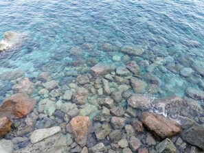 A clear view of a rocky shoreline with water.