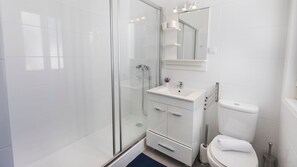 Une salle de bain moderne avec une douche à parois de verre, un lavabo blanc avec un miroir au-dessus et des toilettes.