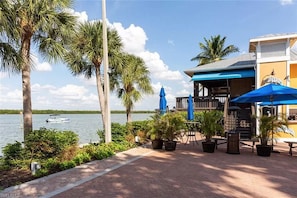 Enjoy waterfront dining with a view of the water from our outdoor seating area.