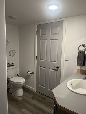 A bathroom with a toilet, sink, and a door.