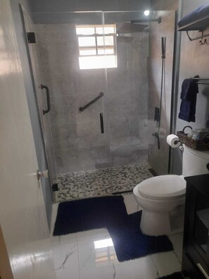 Combined shower/bathtub, hair dryer, towels, soap