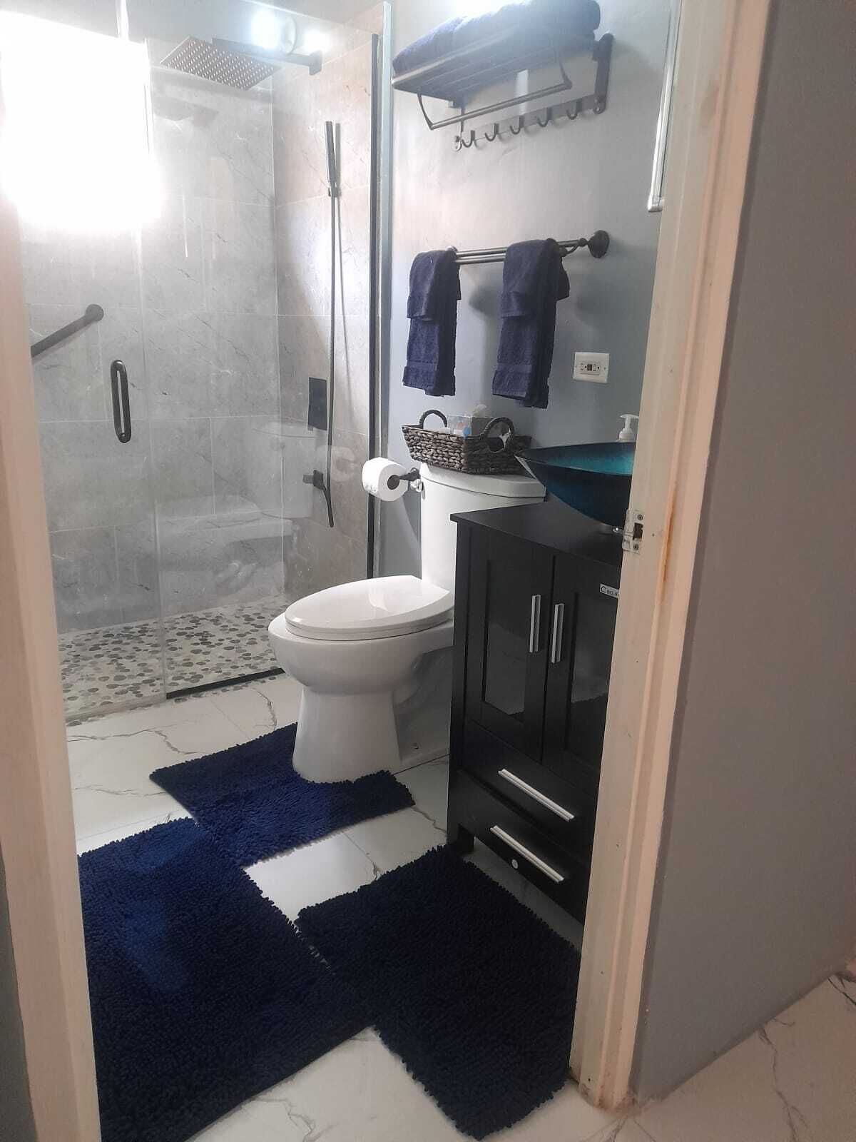 A bathroom with a shower, toilet, and sink.