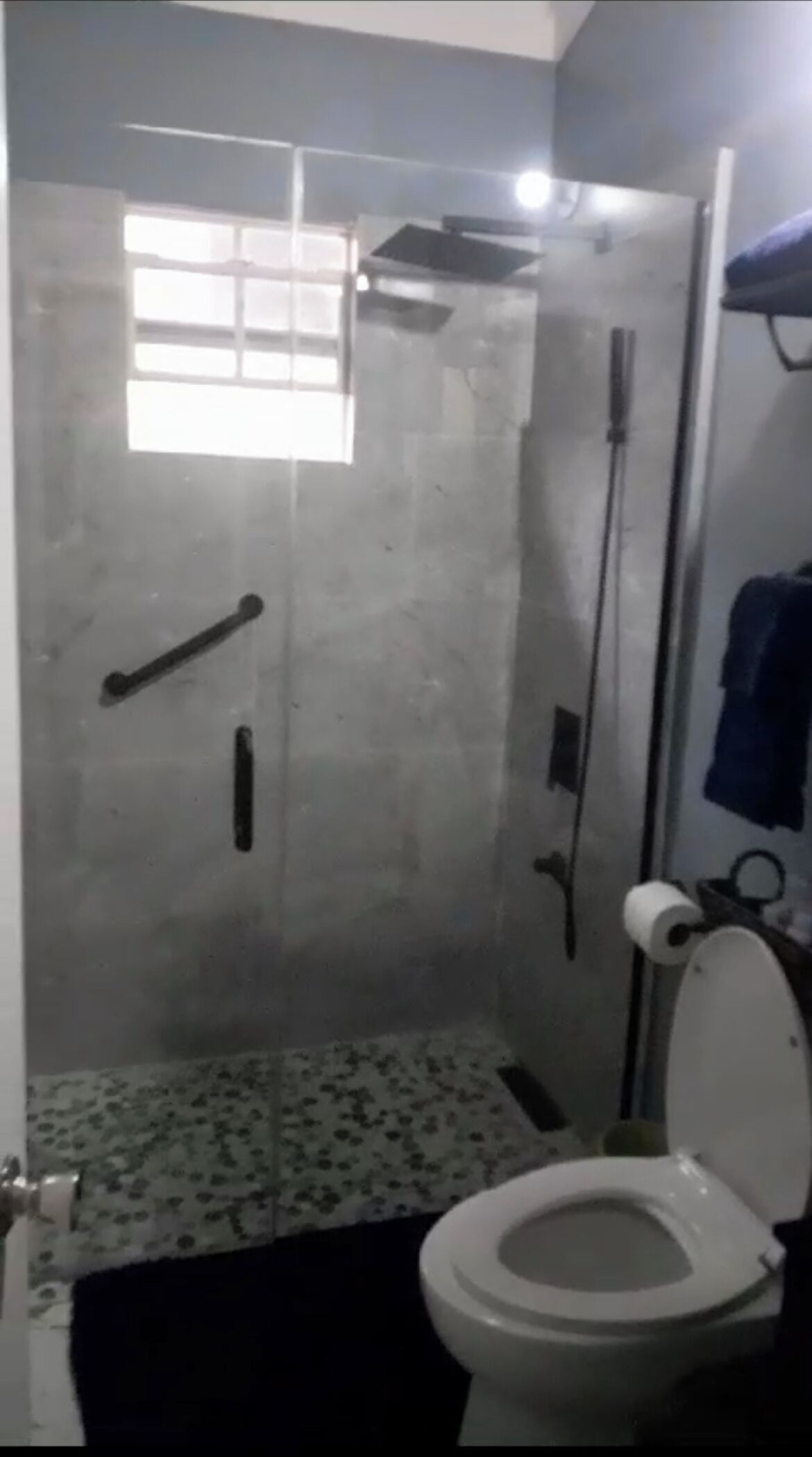 A bathroom with a shower, toilet, and a small window.