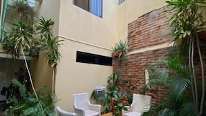 Un espace extérieur aménagé avec des meubles en osier et des plantes en pot.