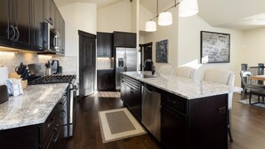 A modern kitchen with dark cabinetry, stainless steel appliances, and a granite countertop. - Private Hot Tub/Brand New Luxury Townhome/Short Drive to Slopes! (Keystone)