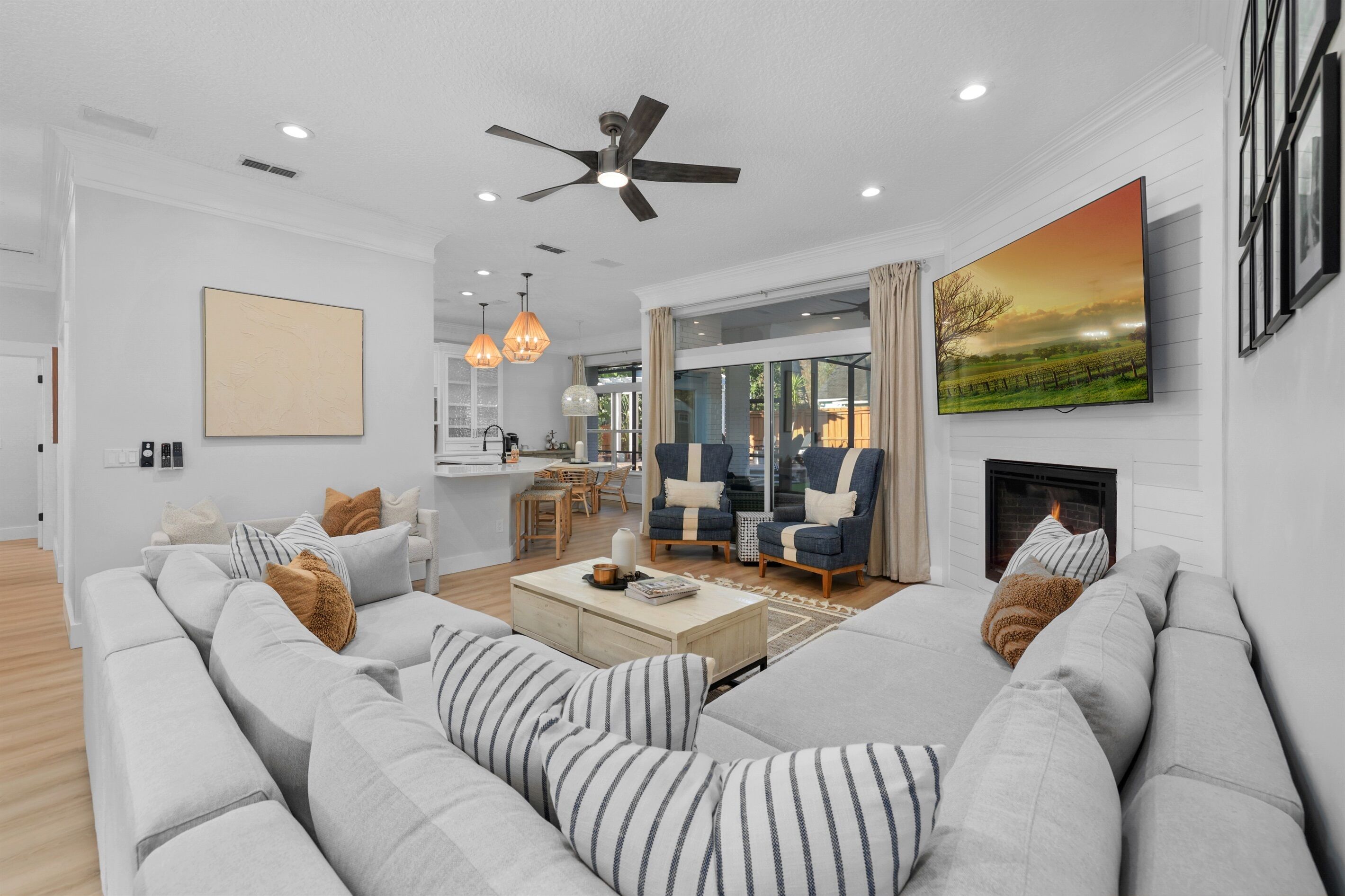 Smart TV, fireplace, DVD player, foosball