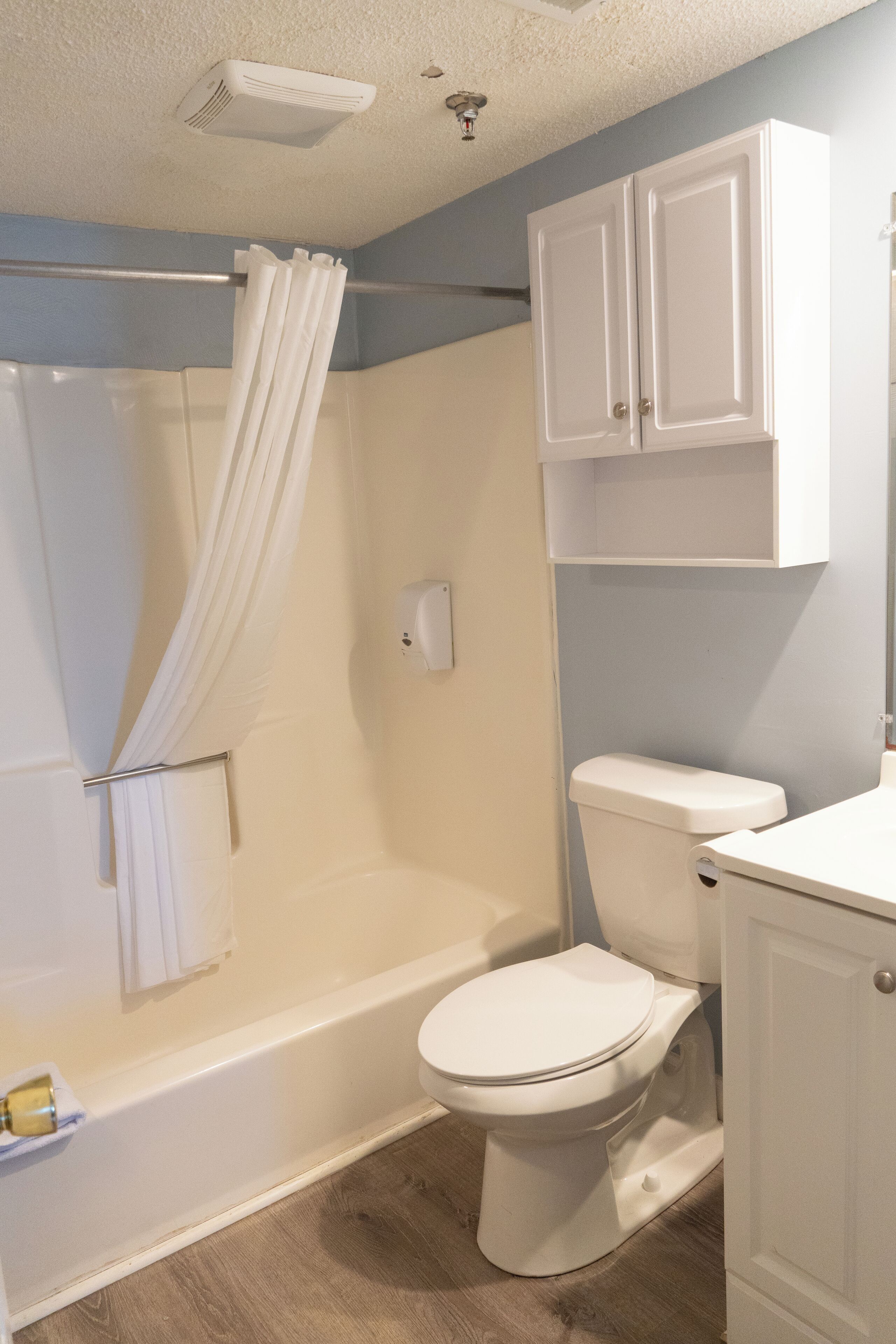 A bathroom with a bathtub, toilet, and a shower curtain.