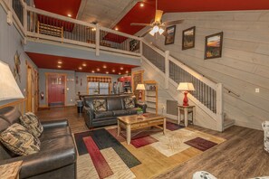 House, Multiple Beds, Hot Tub | Living area | 50-inch flat-screen TV with cable channels, TV, fireplace - Bears Haven (Gatlinburg)