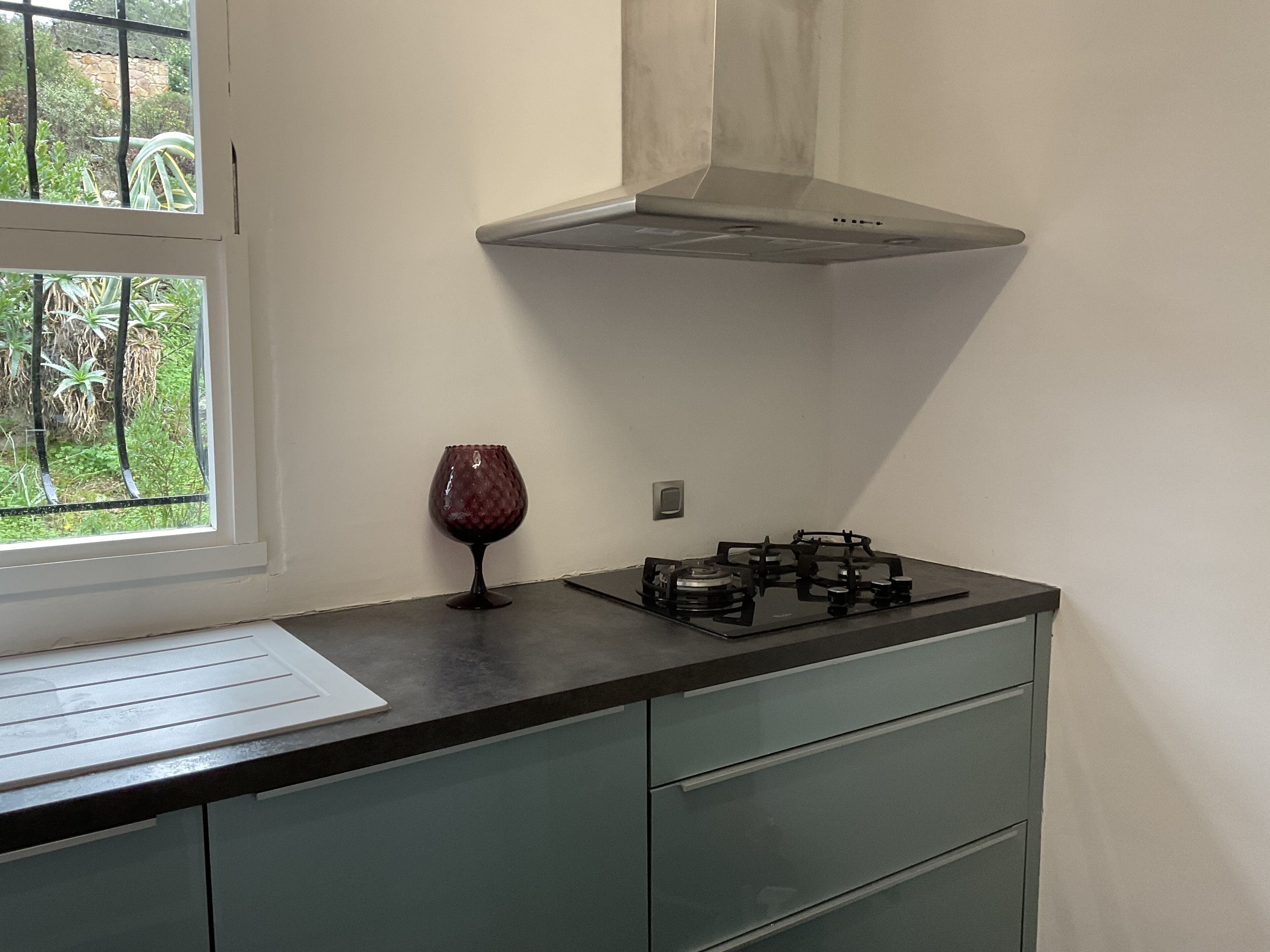 Cocina con estufa a gas, una copa de vino y ventana con vistas a la vegetación.