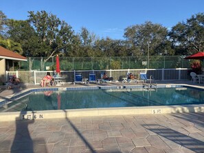 Ein Swimmingpool mit Liegestühlen und Sonnenschirmen, umgeben von einem Zaun und Bäumen.