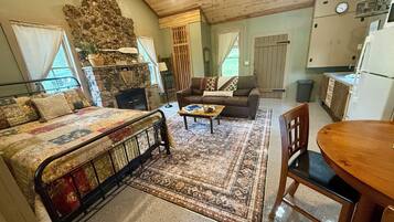 Smart TV, fireplace, books