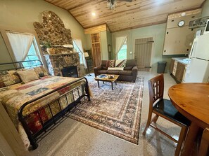 Smart TV, fireplace, books