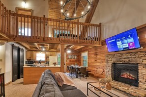 Smart TV, fireplace, DVD player, books