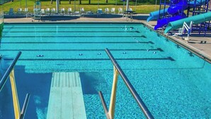 Una piscina con varias pistas de natación, un trampolín y un tobogán.