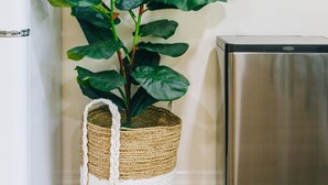 Une cuisine avec un réfrigérateur blanc, un mini-réfrigérateur en acier inoxydable et un panier en osier contenant une plante.