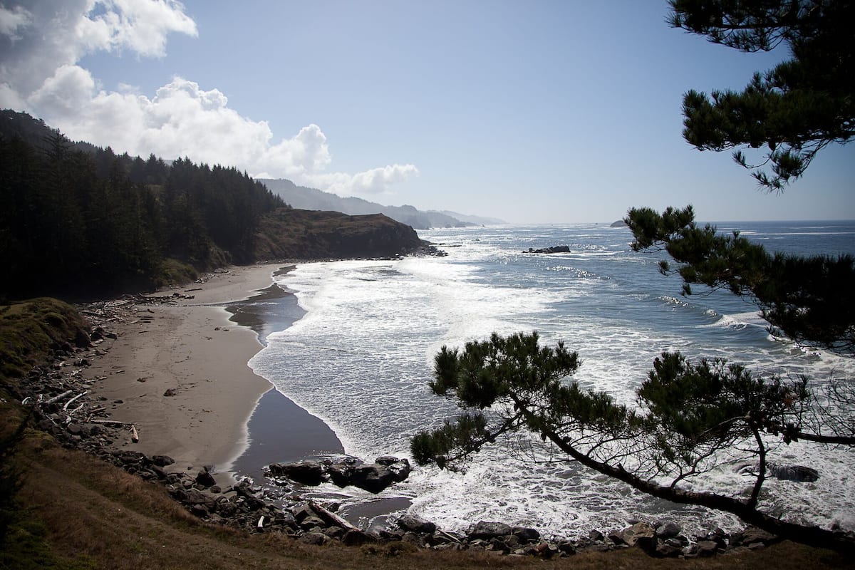 Eine Küstenlandschaft mit Strand, Wellen und einem bewaldeten Hang.