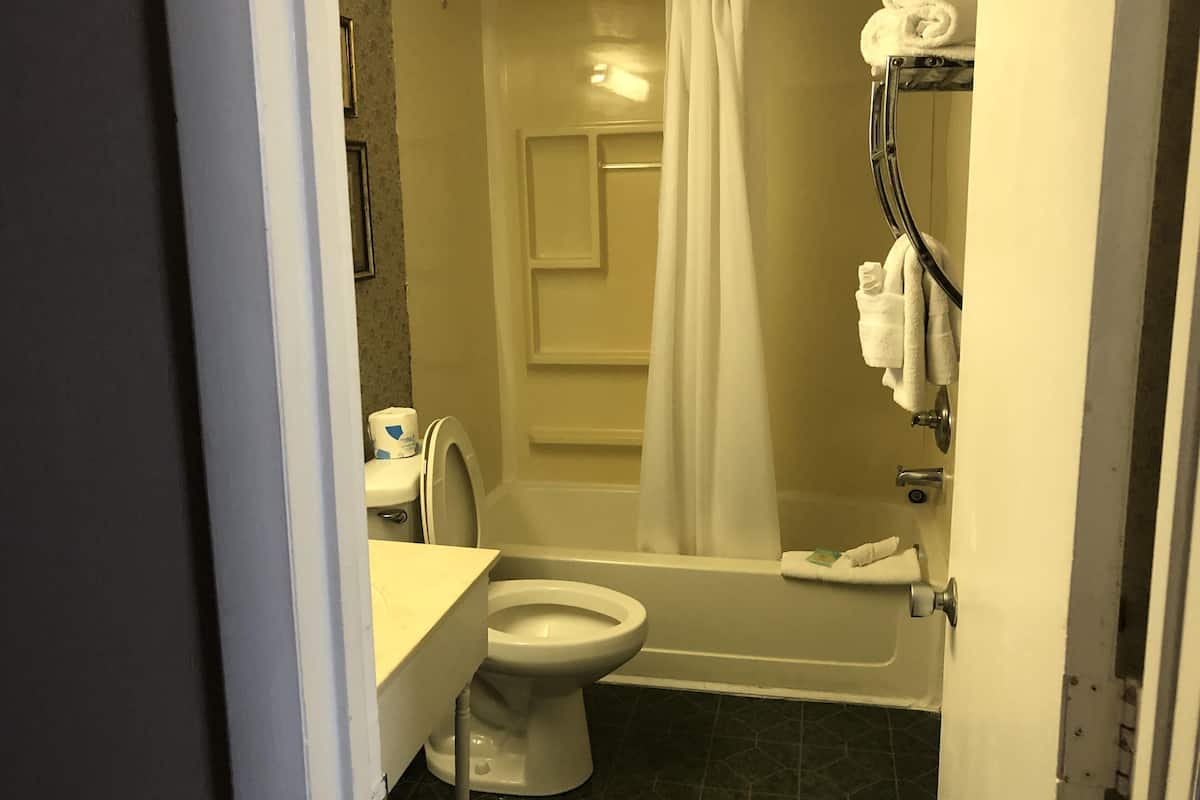 A bathroom with a toilet, a bathtub, a shower curtain, and a towel rack.