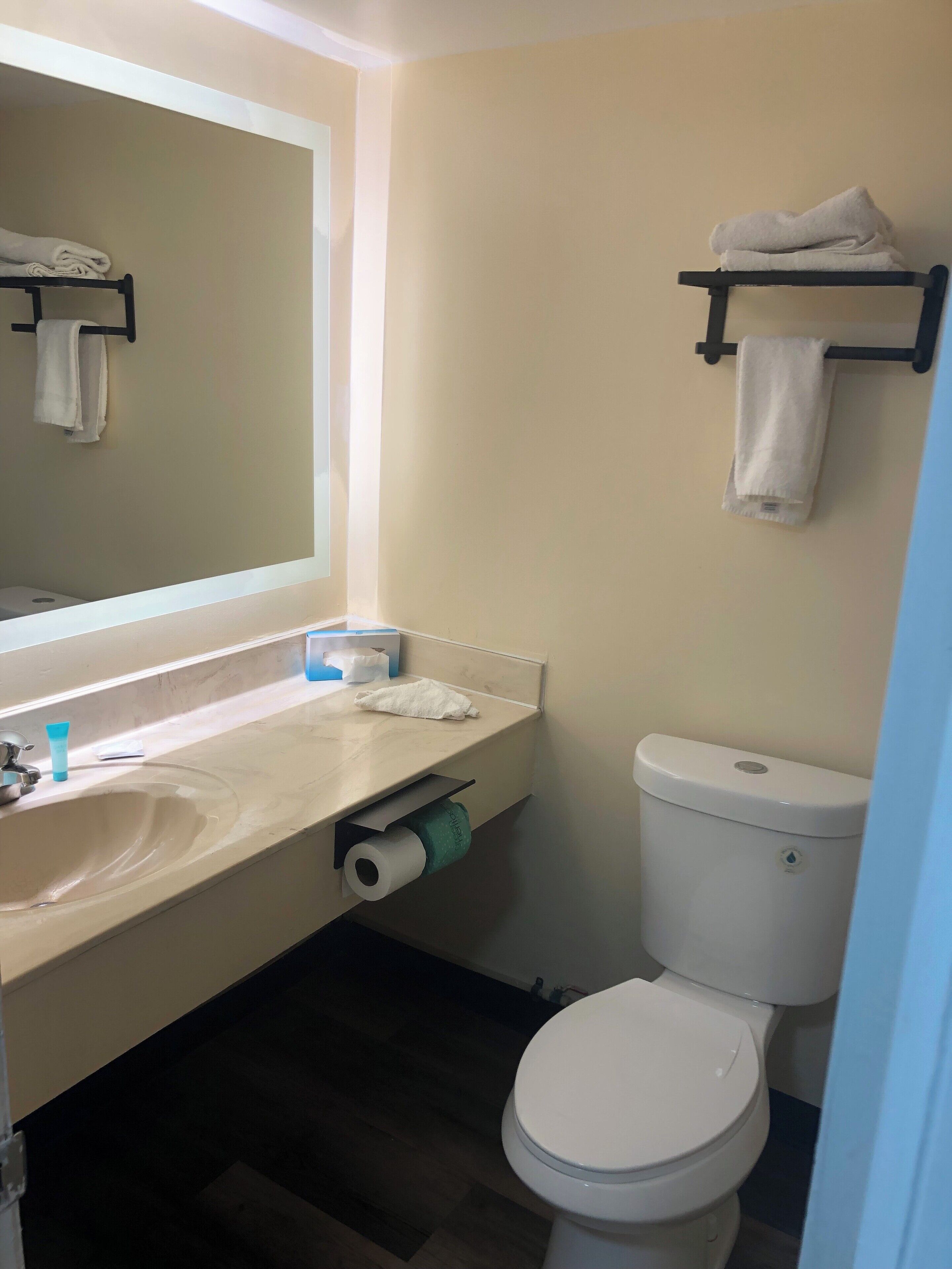 A bathroom with a sink, mirror, toilet, and towel rack.