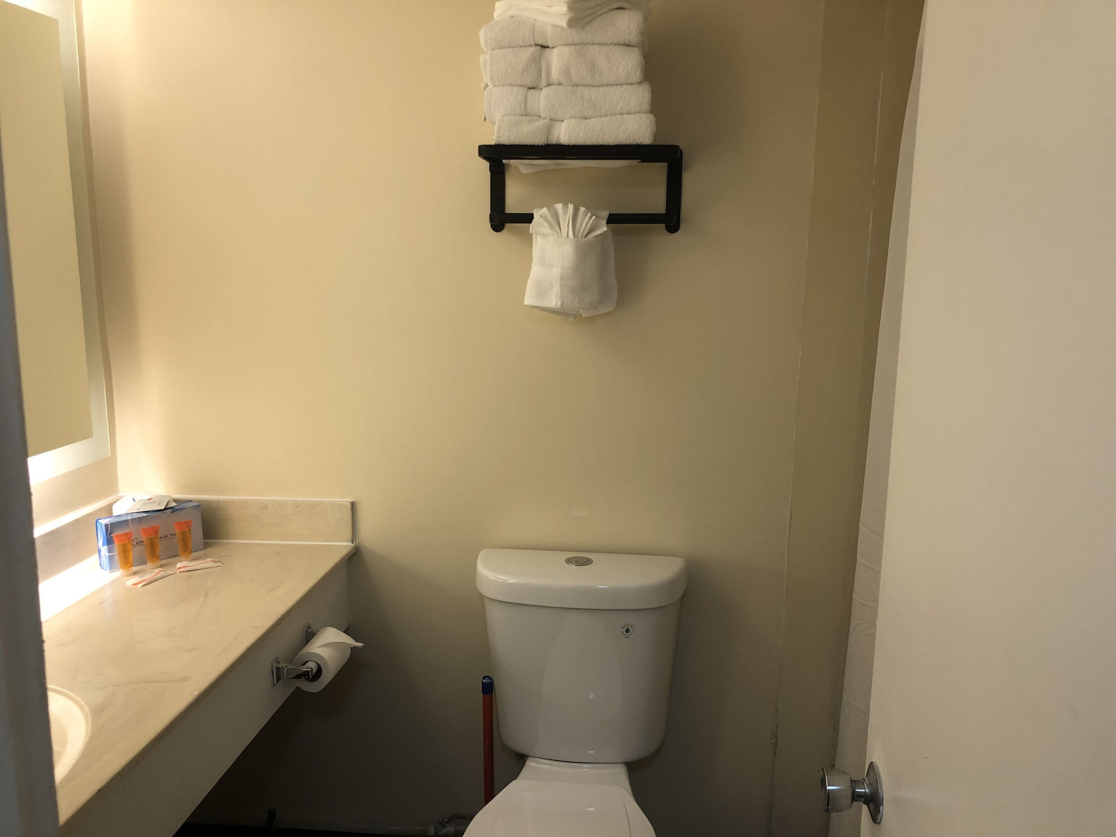 A bathroom with a toilet, a sink, a towel rack with towels, and a mirror.