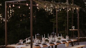 Un espace de restauration en plein air avec une table et des bancs en bois, entouré de guirlandes lumineuses et bordé d’arbres imposants.