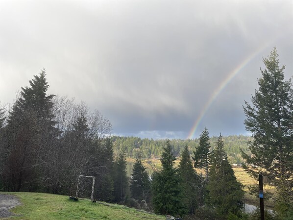 Metsäinen alue, jonka yllä näkyy sateenkaari, ja kauempana avautuu niitty sekä vesistö.