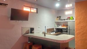 Fridge, microwave, coffee/tea maker, toaster