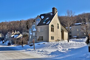 Zona residencial con casas, una carretera y un paisaje nevado.