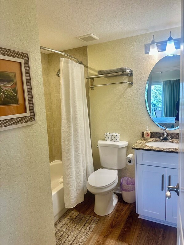 Bañera con ducha, secador de pelo, toallas