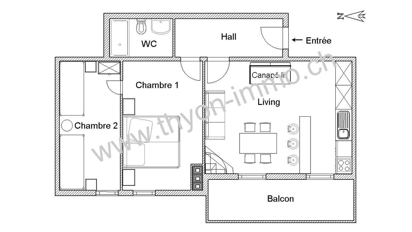 Plano de un hotel con dos dormitorios, un salón, balcón, baño, cocina, vestíbulo y entrada.