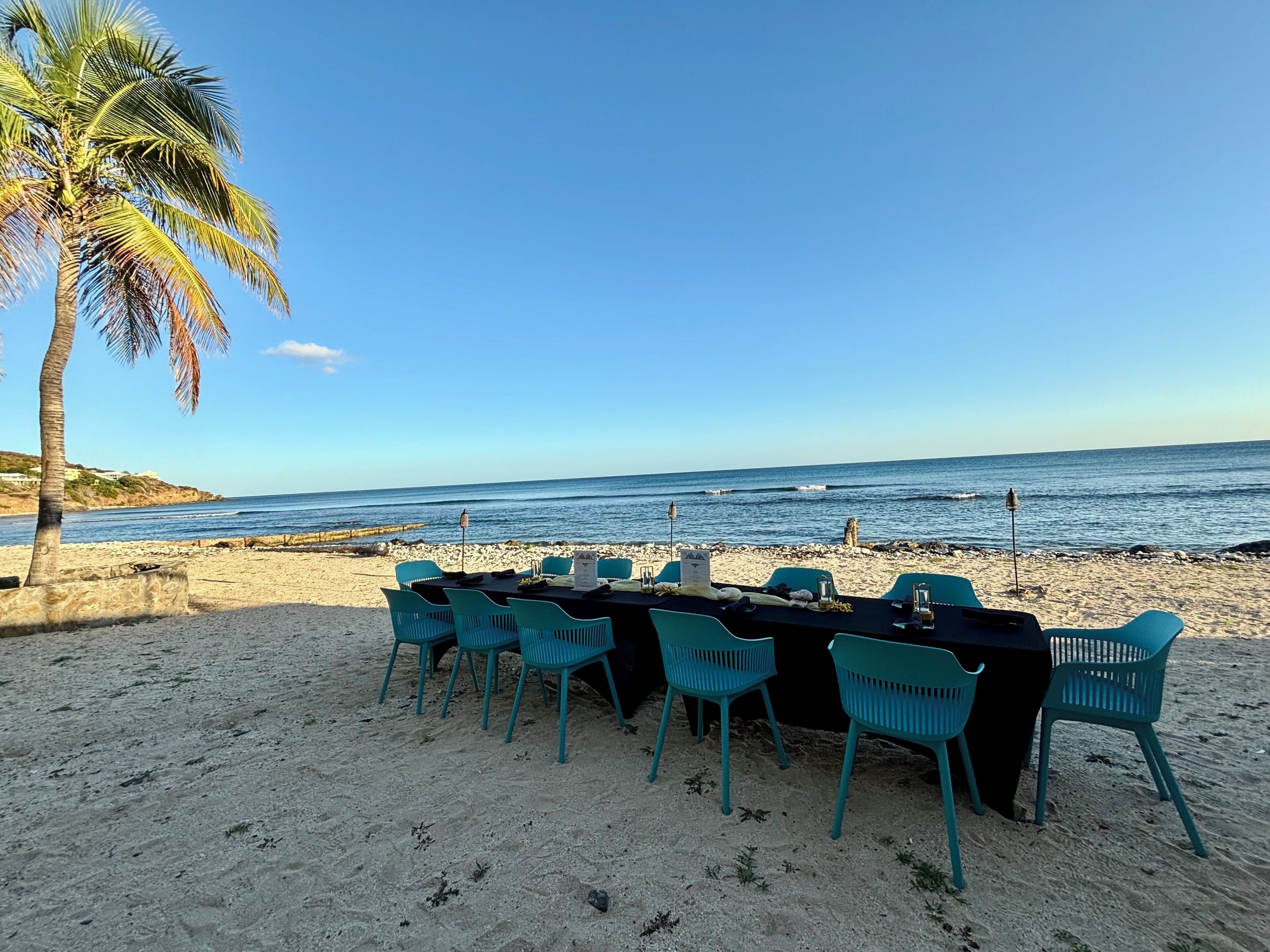 Um espaço para refeições à beira-mar, com mesa, cadeiras, uma palmeira e o oceano ao fundo.