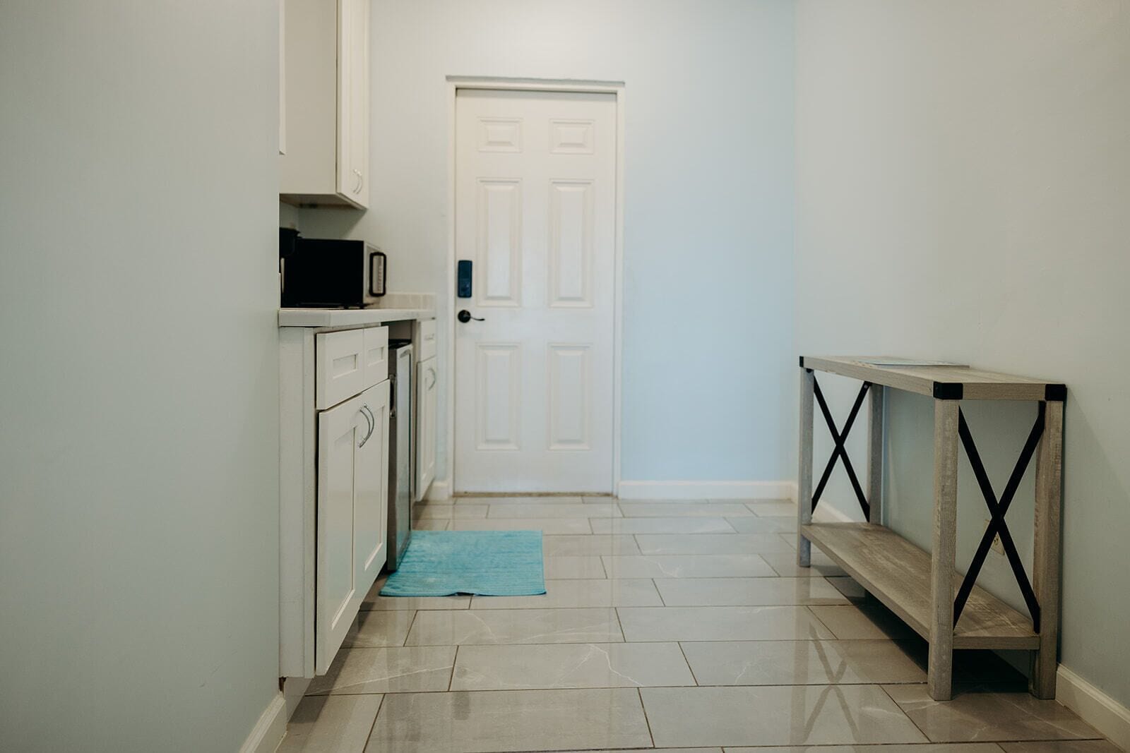 mini-fridge, microwave, coffee/tea maker, high chair