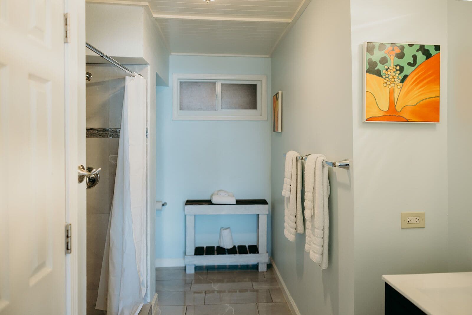 A narrow bathroom with a shower, a sink with a towel rack, and a painting on the wall.