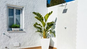 Un bâtiment moderne à l’extérieur blanc et texturé, doté d’une fenêtre avec des stores, d’une plante en pot et d’une porte ornée d’un motif géométrique.