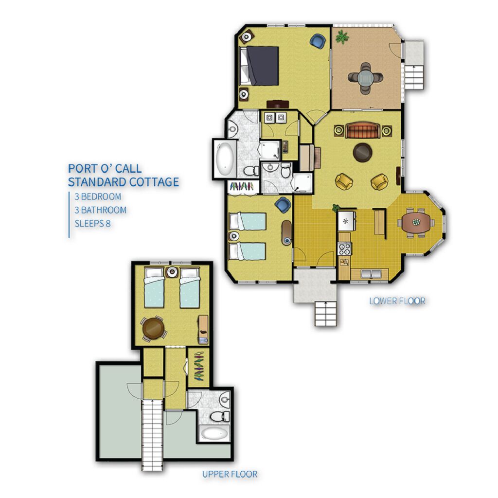 A 3-bedroom, 3-bathroom Port O'Call standard cottage with 8 sleeps, featuring a kitchen, dining area, living room, and two bathrooms.