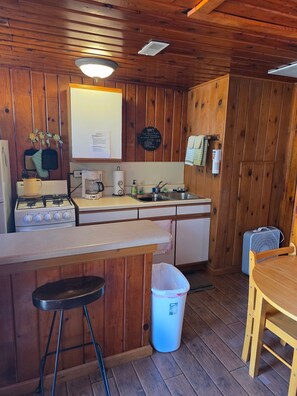 Une cuisine avec des murs en bois, un poêle, un évier, un comptoir-bar et une poubelle.