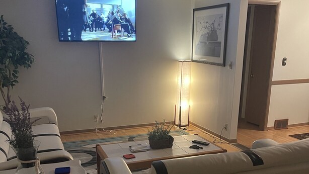 A living room with a flat-screen TV mounted on the wall, a white sofa, a coffee table, and a potted plant.