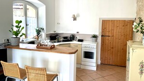 A compact kitchen with a central island, two wicker chairs, a wooden door, and a potted plant.