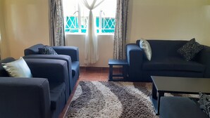 A living room with two sofas, a coffee table, and a patterned rug. - The Best Green Garden Guest House Harare (Harare)