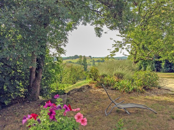 Un jardín con columpio, árboles y vistas al campo.