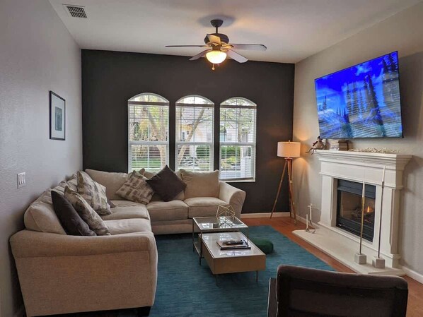 Smart TV, fireplace, books, offices