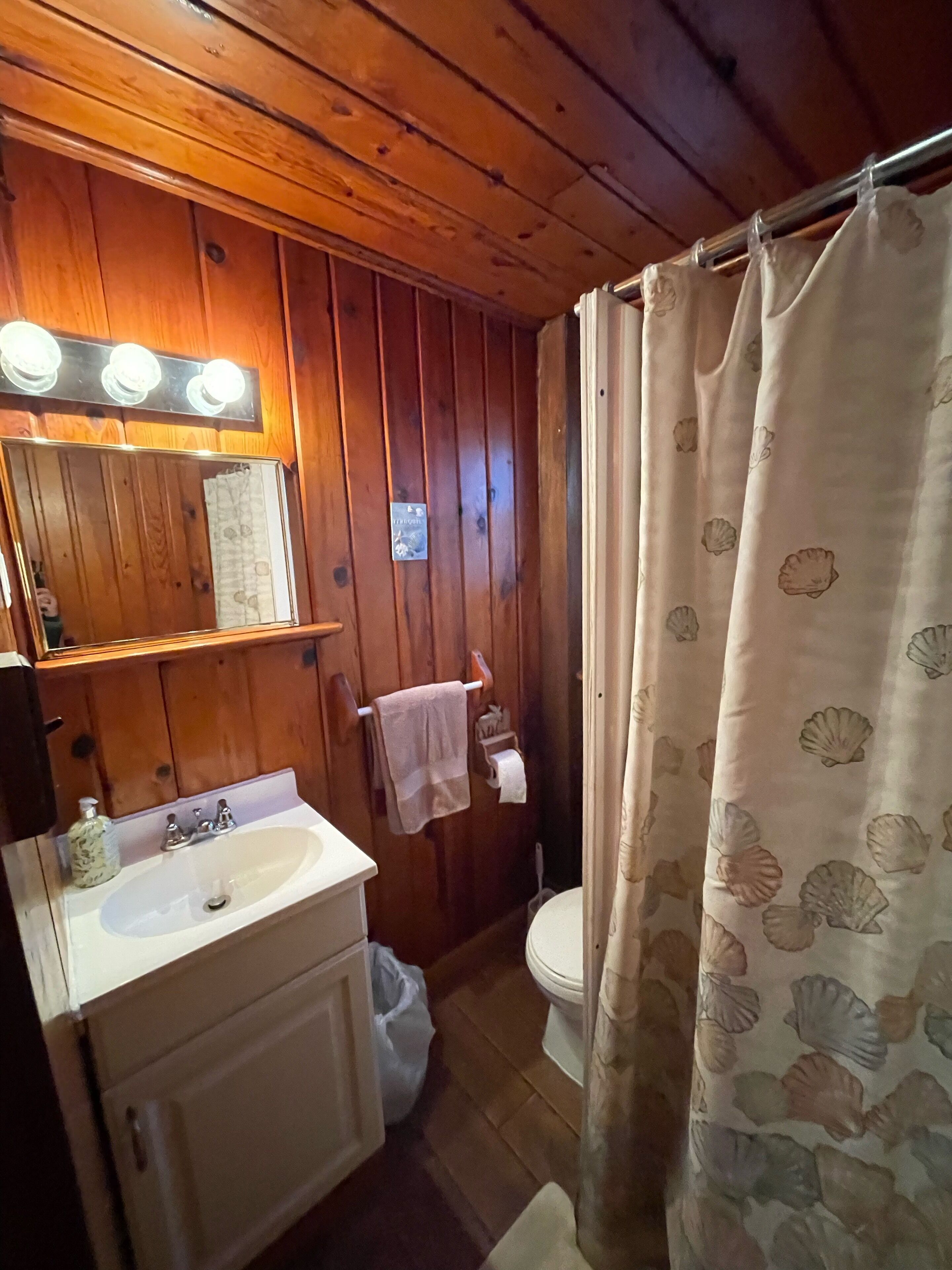 A wooden bathroom with a sink, mirror, and toilet.