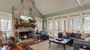 Televisión, chimenea, reproductor de DVD