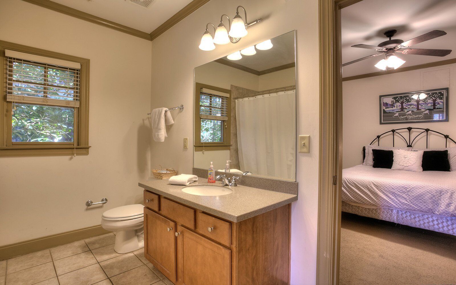 A bathroom with a vanity, toilet, and a large mirror.