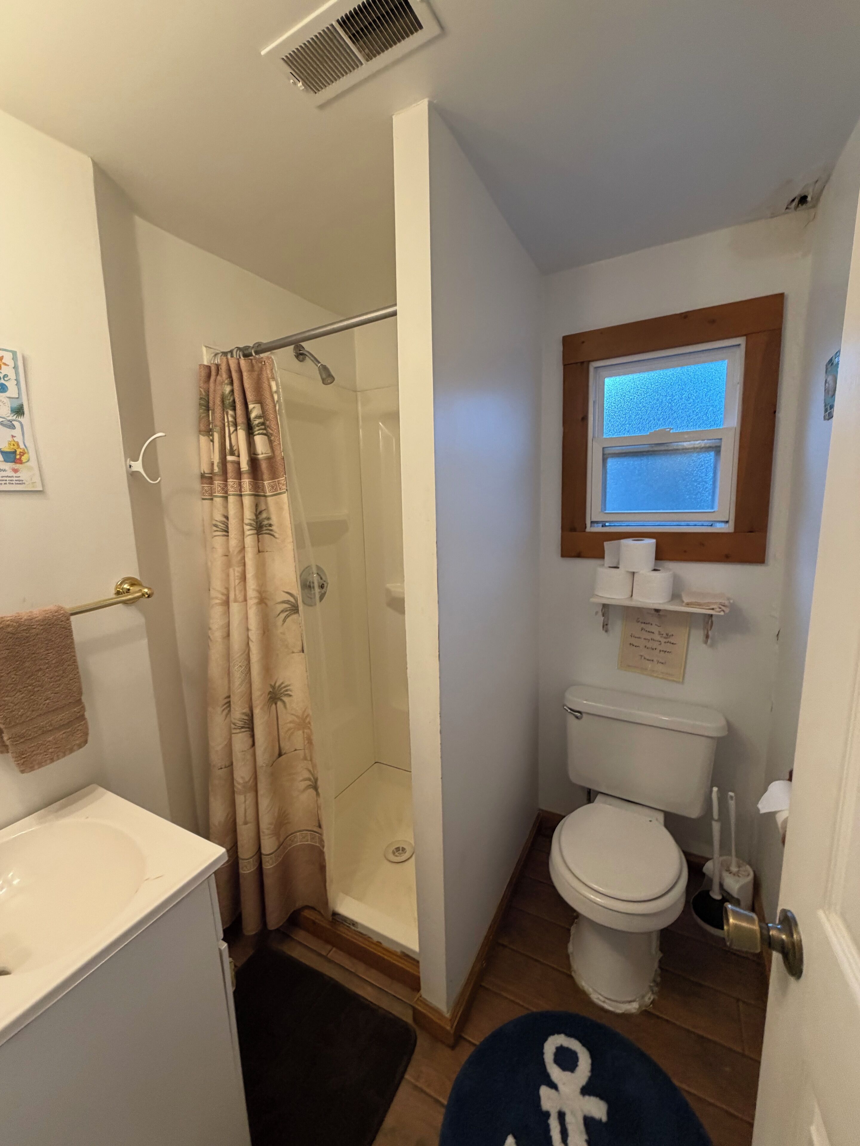 Une salle de bain avec douche, toilettes et lavabo.